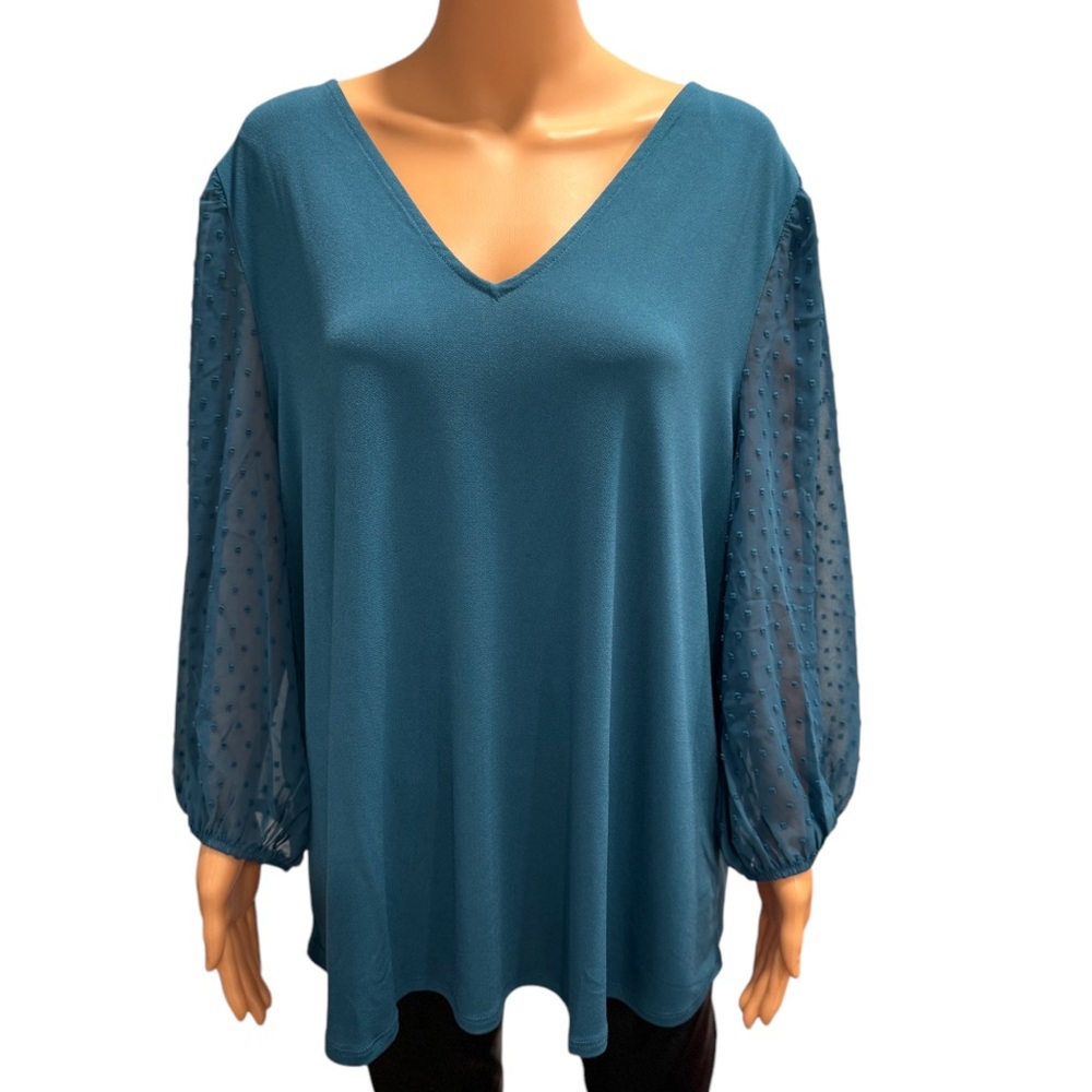 ADRIANNA PAPELL Blouse Swiss  Dot Semi-Sheer 3/4 Sleeve Dressy Ink Blue Size 2X